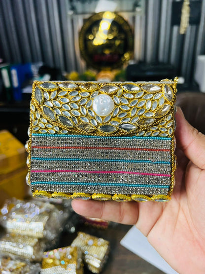 Square Medium Kundan Work Metal Bag-2