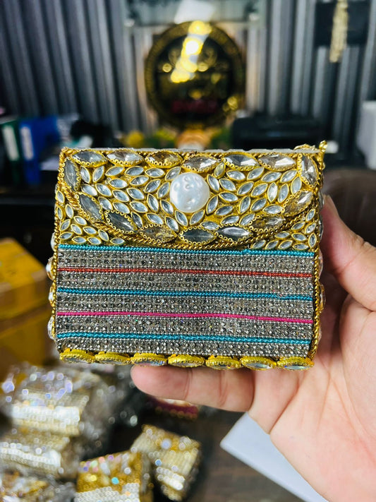 Square Medium Kundan Work Metal Bag-2