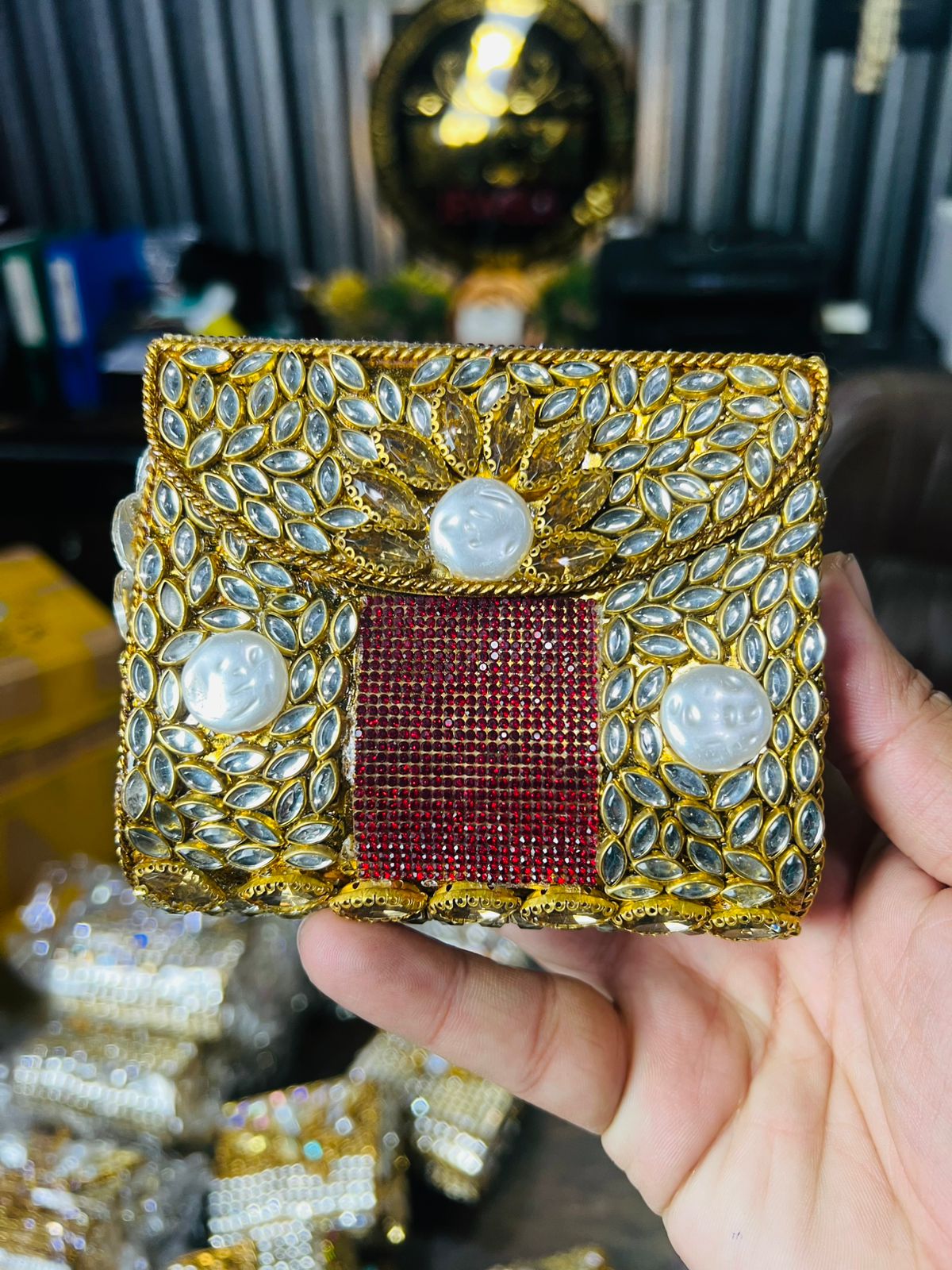 Square Medium Kundan Work Metal Bag-3