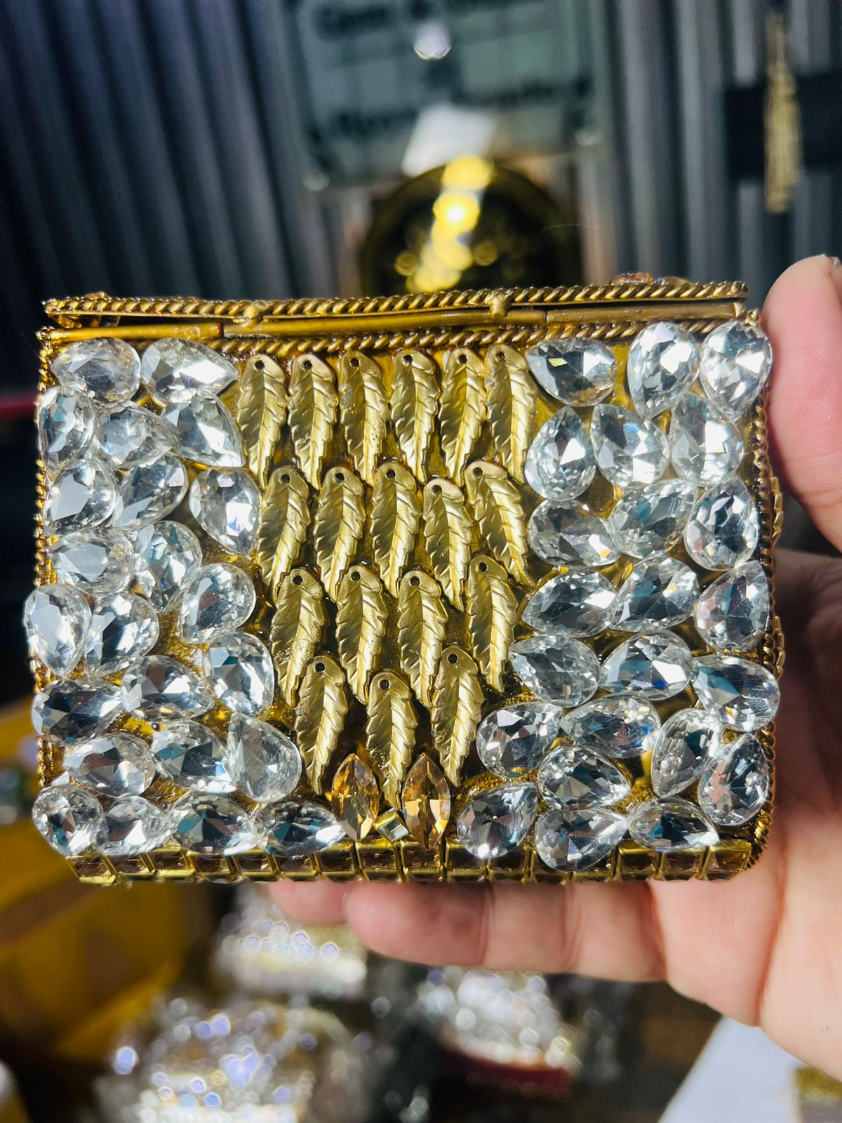 Square Medium Kundan Work Metal Bag-4