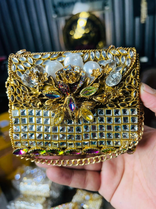 Square Medium Kundan Work Metal Bag-4