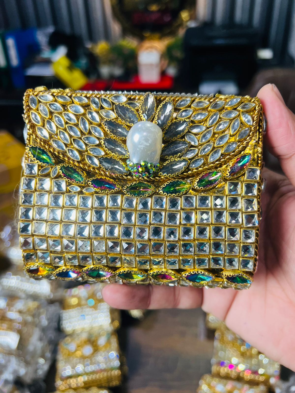 Square Medium Kundan Work Metal Bag-6