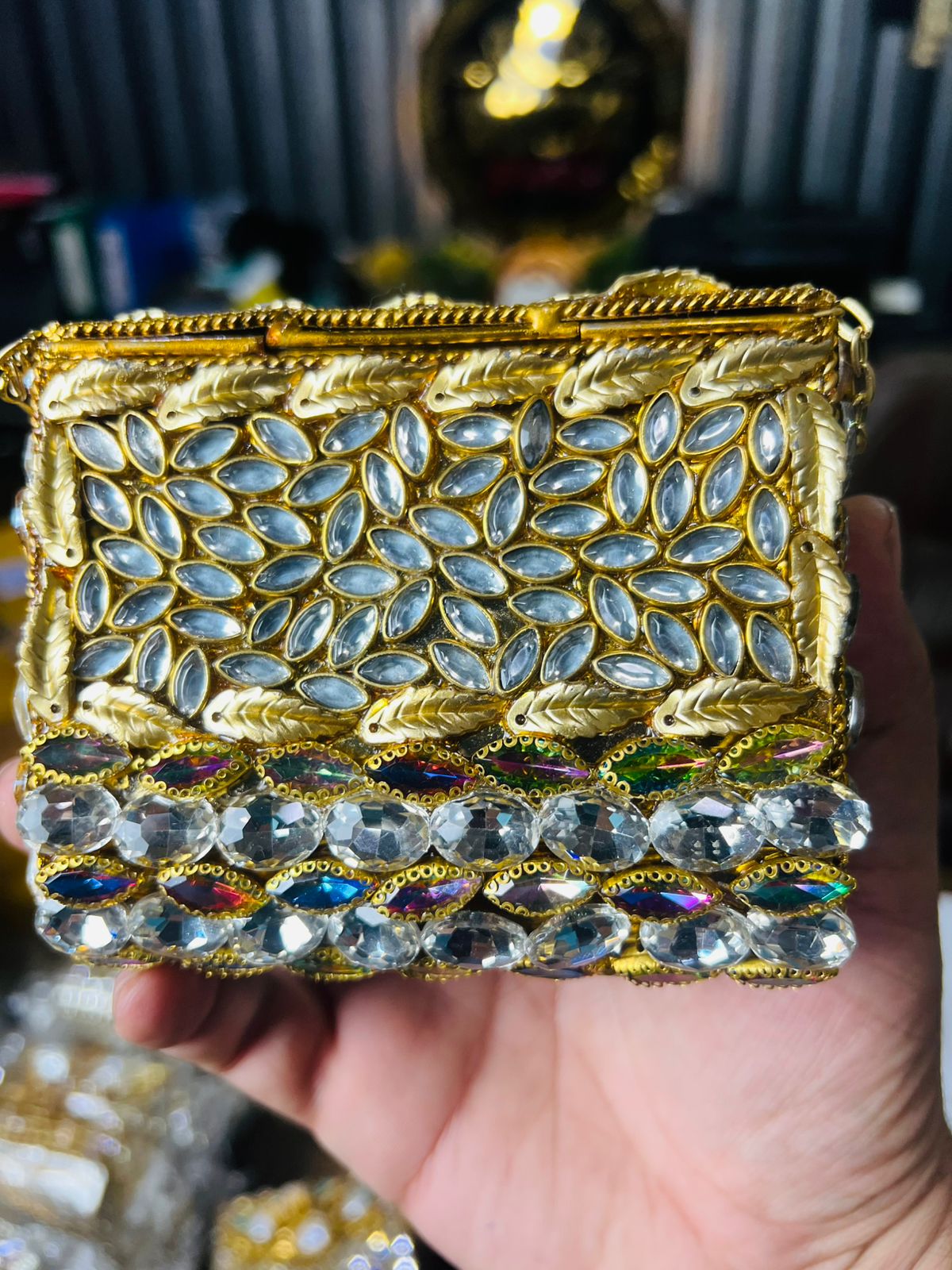 Square Medium Kundan Work Metal Bag-7
