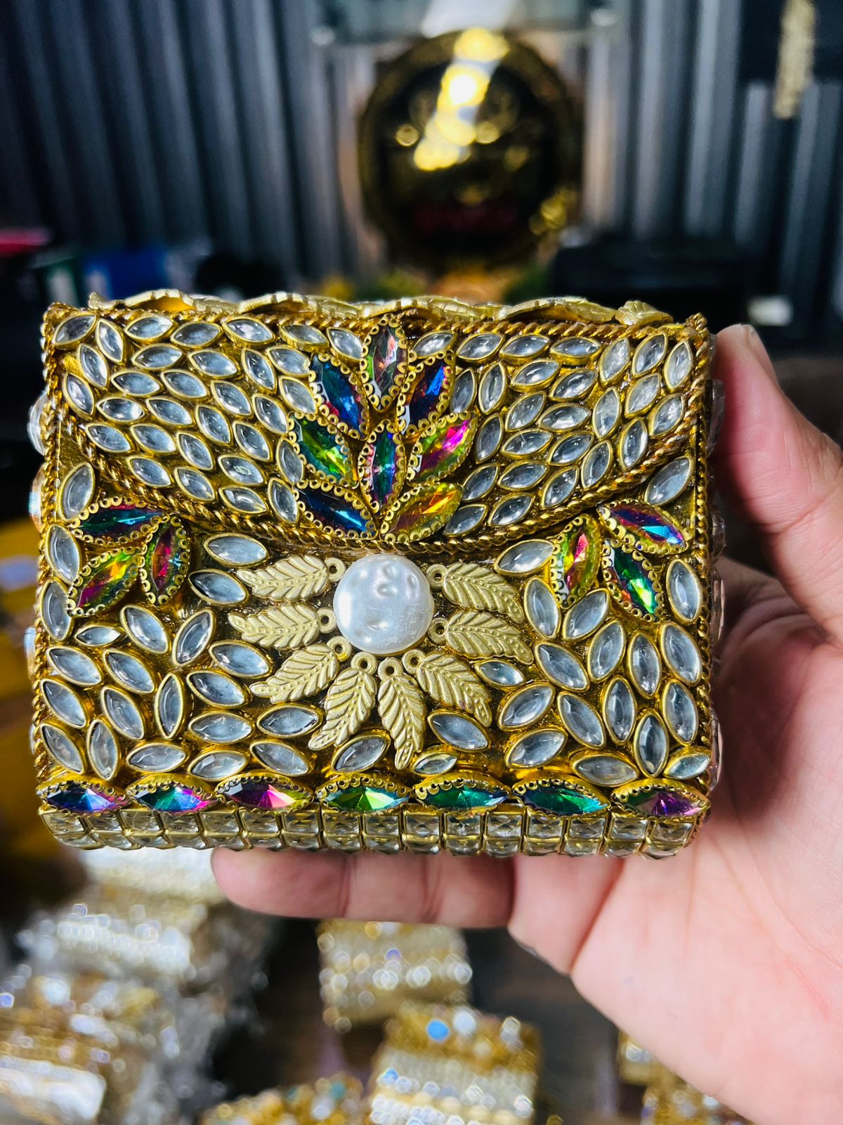 Square Medium Kundan Work Metal Bag-7