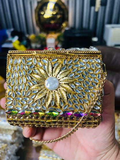 Square Medium Kundan Work Metal Bag-8