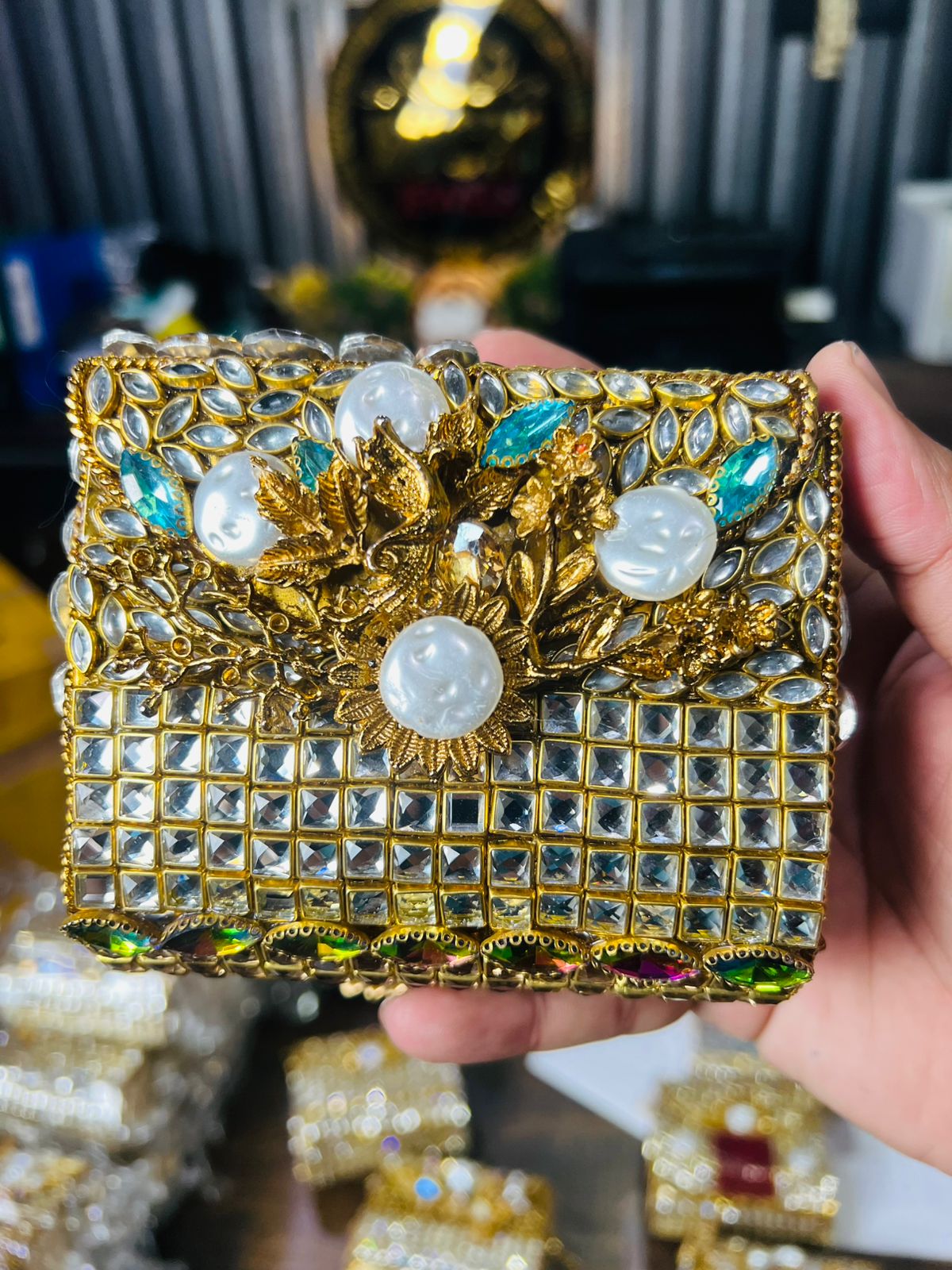 Square Medium Kundan Work Metal Bag-8