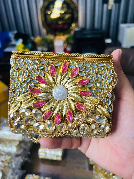 Square Medium Kundan Work Metal Bag-9