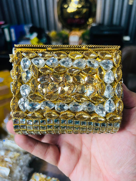 Square Medium Kundan Work Metal Bag-11