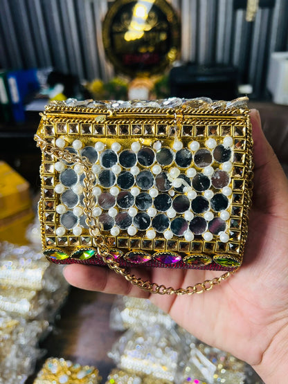 Square Medium Kundan Work Metal Bag-12