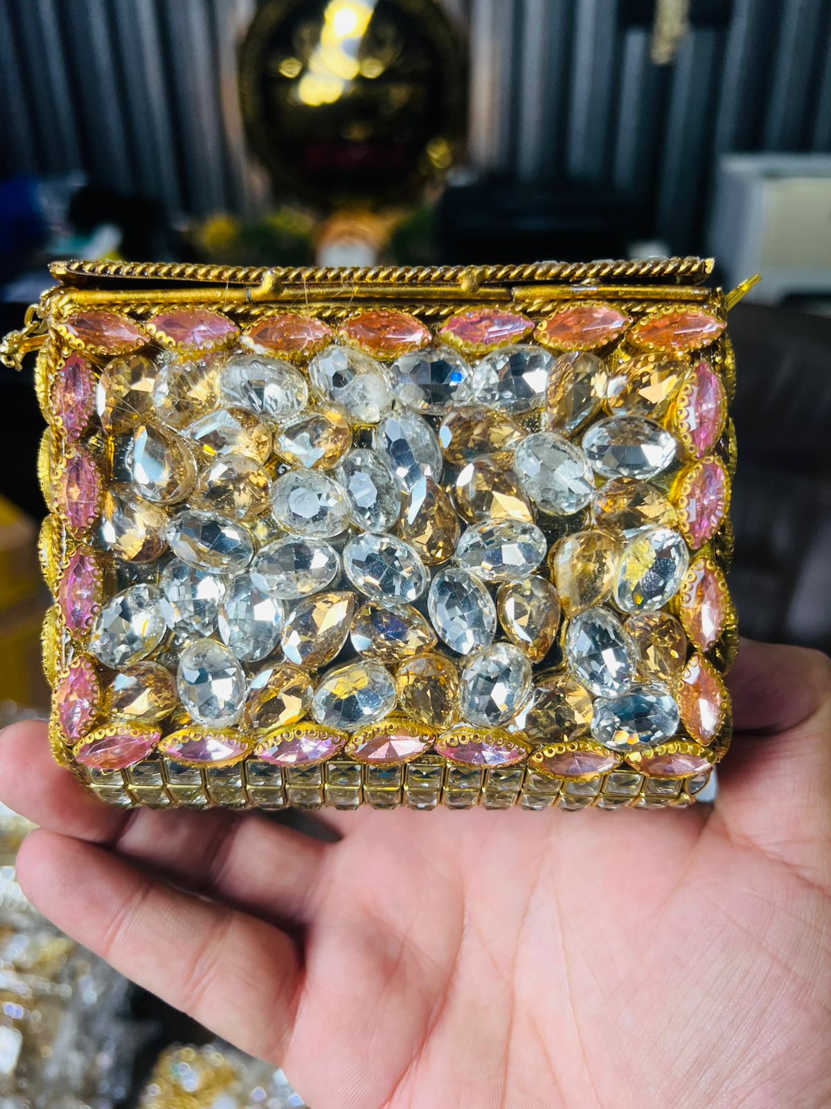Square Medium Kundan Work Metal Bag-1