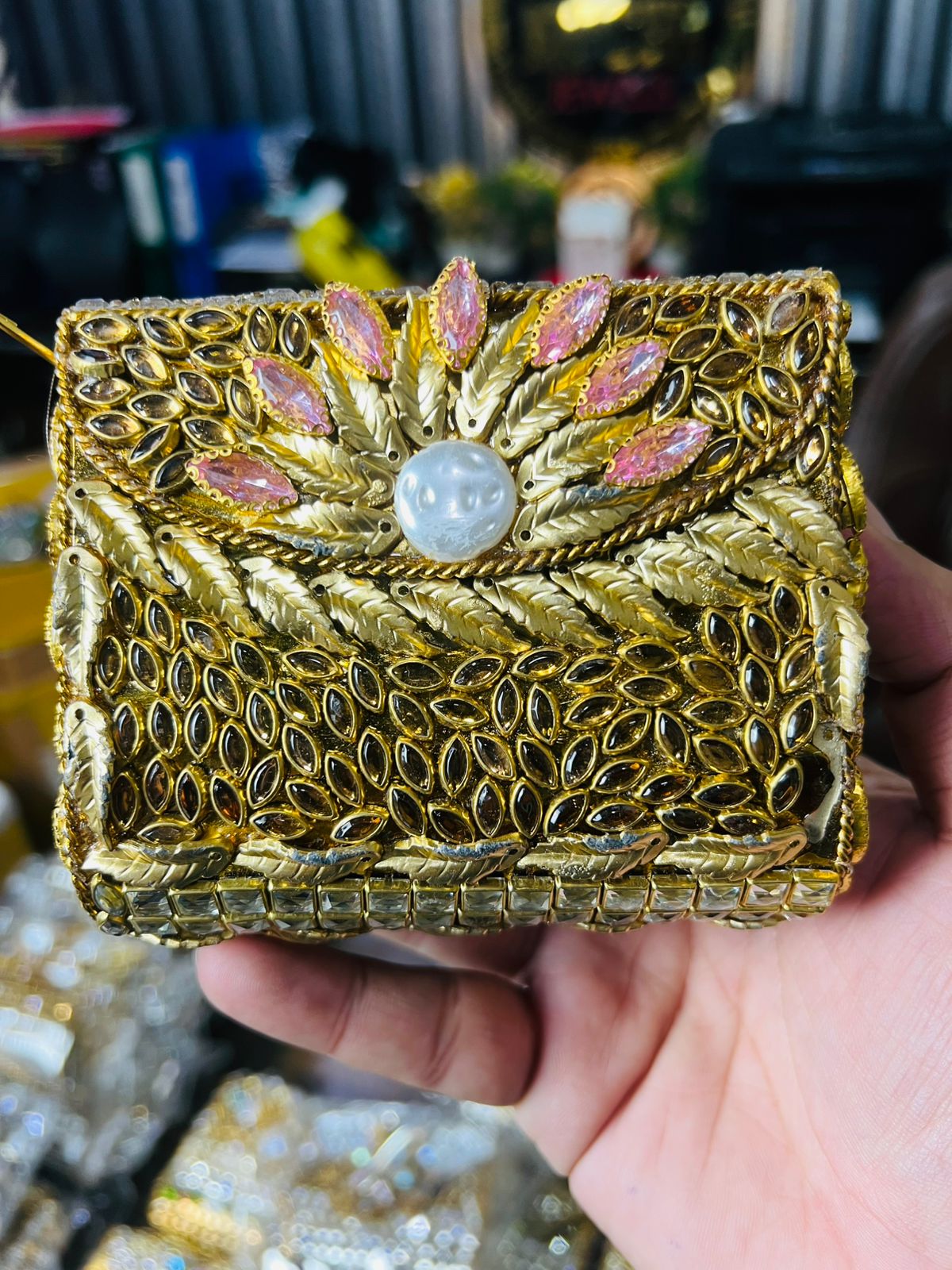 Square Medium Kundan Work Metal Bag-10
