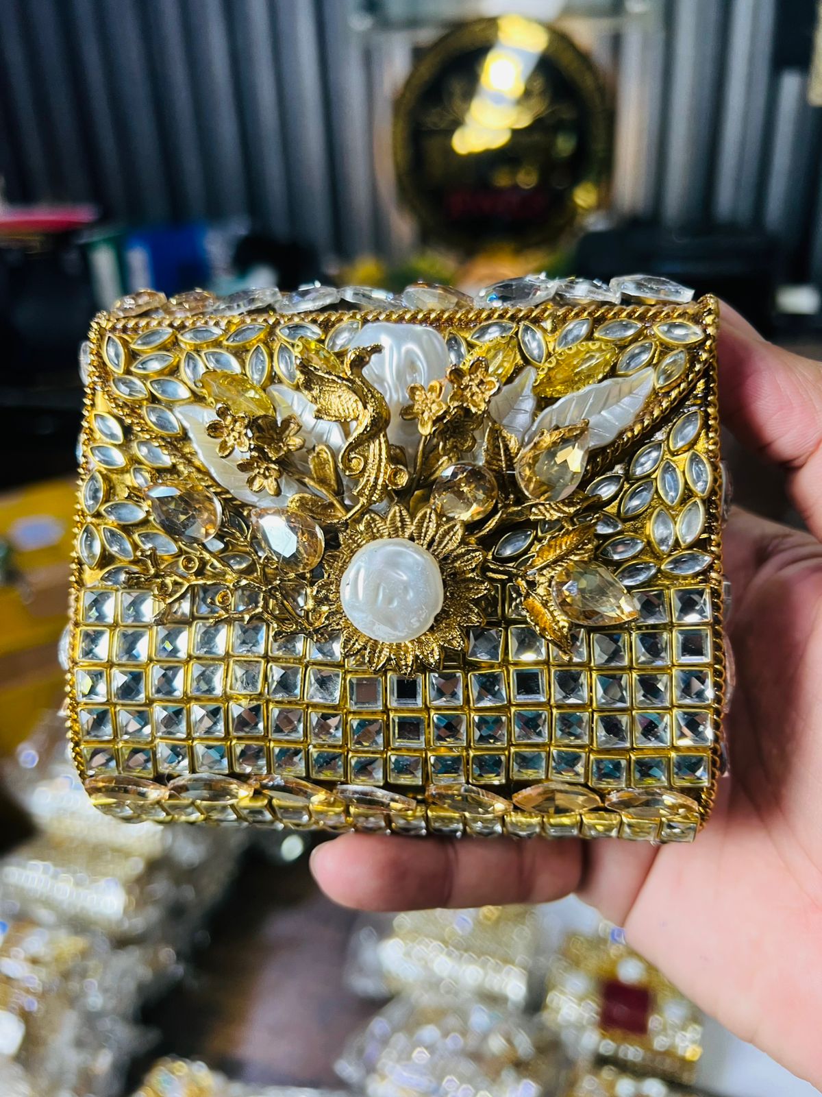 Square Medium Kundan Work Metal Bag-12