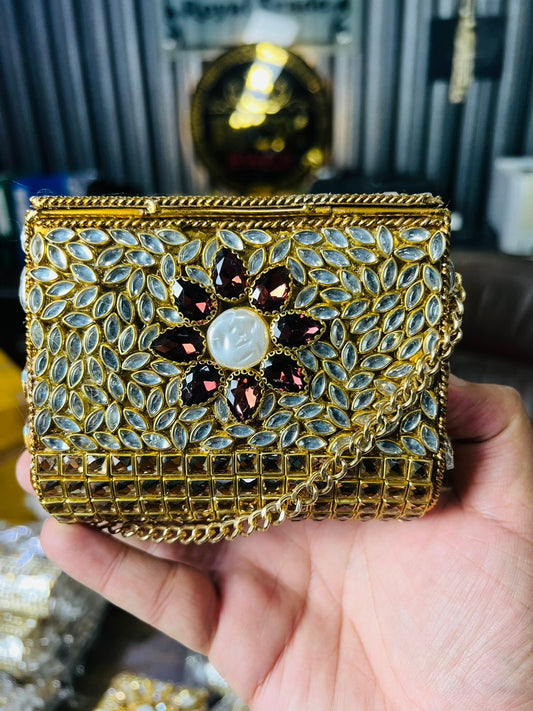 Square Medium Kundan Work Metal Bag-14