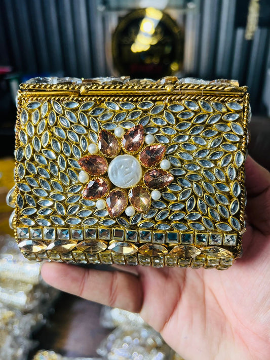 Square Medium Kundan Work Metal Bag-15