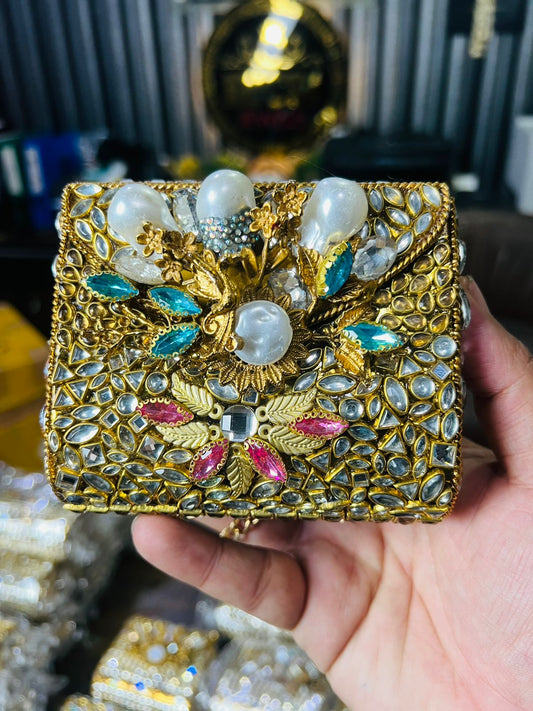 Square Medium Kundan Work Metal Bag-14