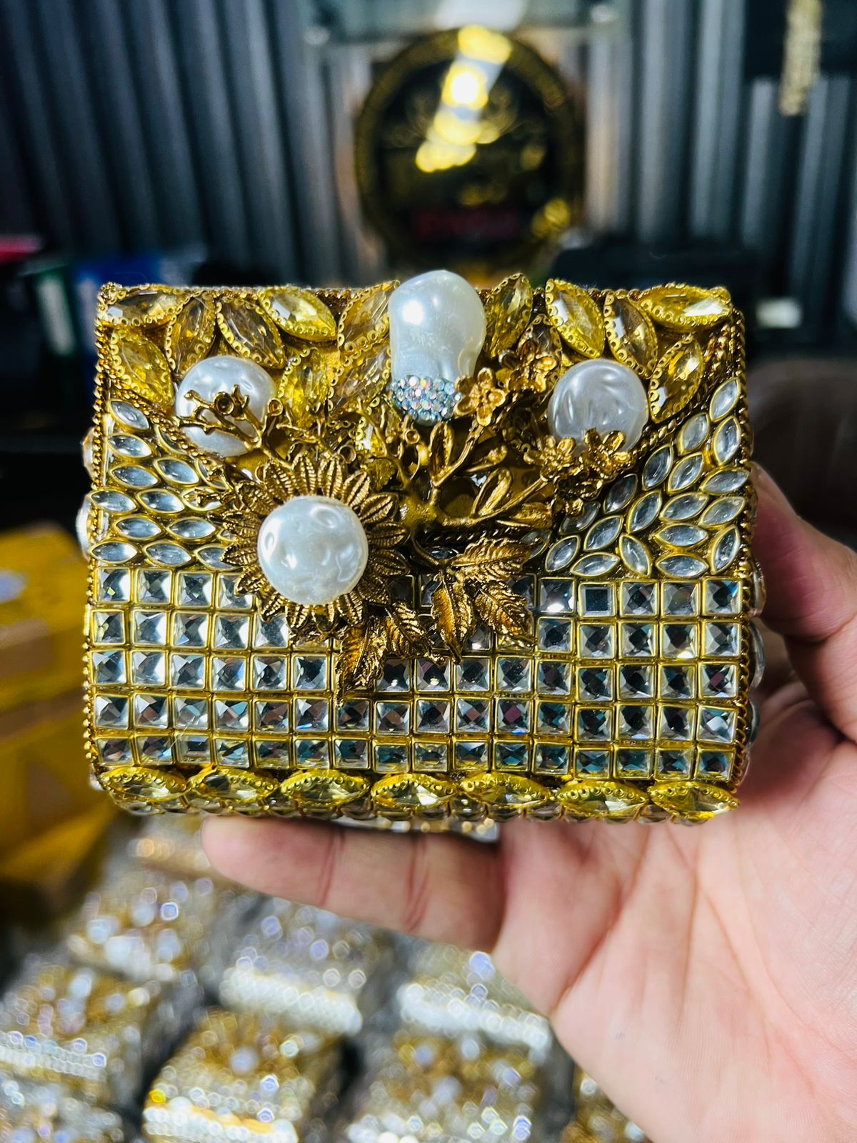 Square Medium Kundan Work Metal Bag-1