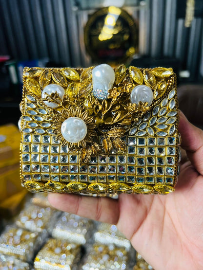 Square Medium Kundan Work Metal Bag-1