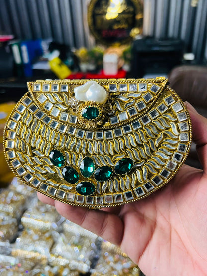 Indian Medium Size Kundan Work Metal Bag With Unique Stone-3