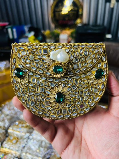 Indian Medium Size Kundan Work Metal Bag With Unique Stone-4