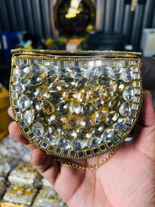 Indian Medium Size Kundan Work Metal Bag With Unique Stone-7