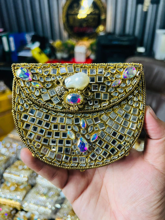 Indian Medium Size Kundan Work Metal Bag With Unique Stone-7