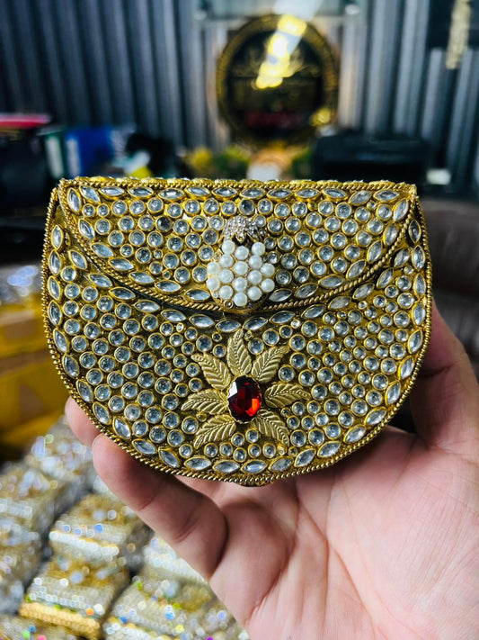 Indian Medium Size Kundan Work Metal Bag With Unique Stone-9