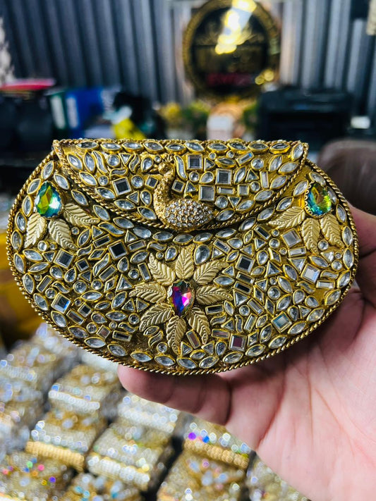 Indian Medium Size Kundan Work Metal Bag With Unique Stone-1
