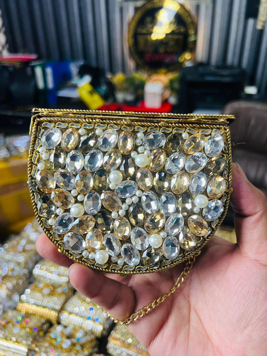 Indian Medium Size Kundan Work Metal Bag With Unique Stone-8