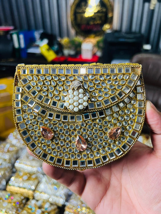 Indian Medium Size Kundan Work Metal Bag With Unique Stone-8