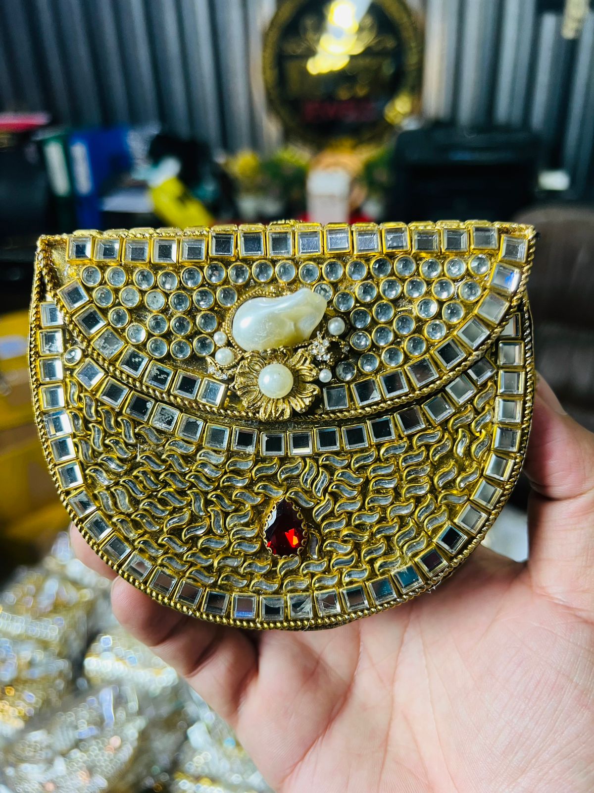 Indian Medium Size Kundan Work Metal Bag With Unique Stone-16