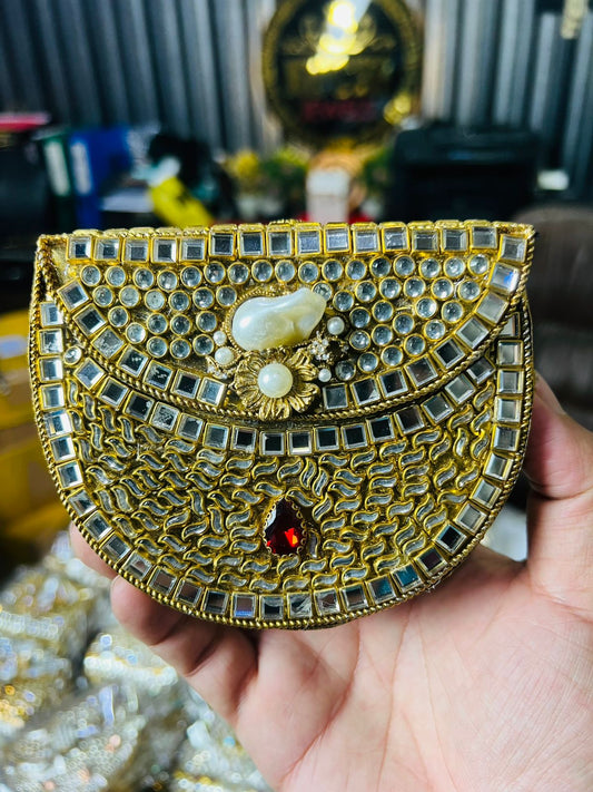 Indian Medium Size Kundan Work Metal Bag With Unique Stone-16
