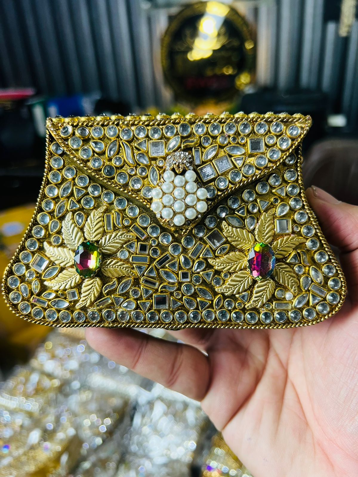 Indian Medium Size Kundan Work Metal Bag With Unique Stone-2