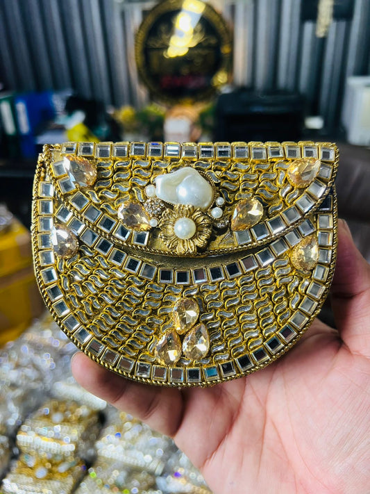 Indian Medium Size Kundan Work Metal Bag With Unique Stone-13