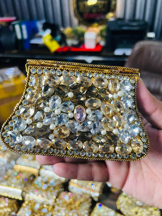 Indian Medium Size Kundan Work Metal Bag With Unique Stone-2