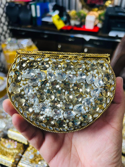 Indian Medium Size Kundan Work Metal Bag With Unique Stone-15