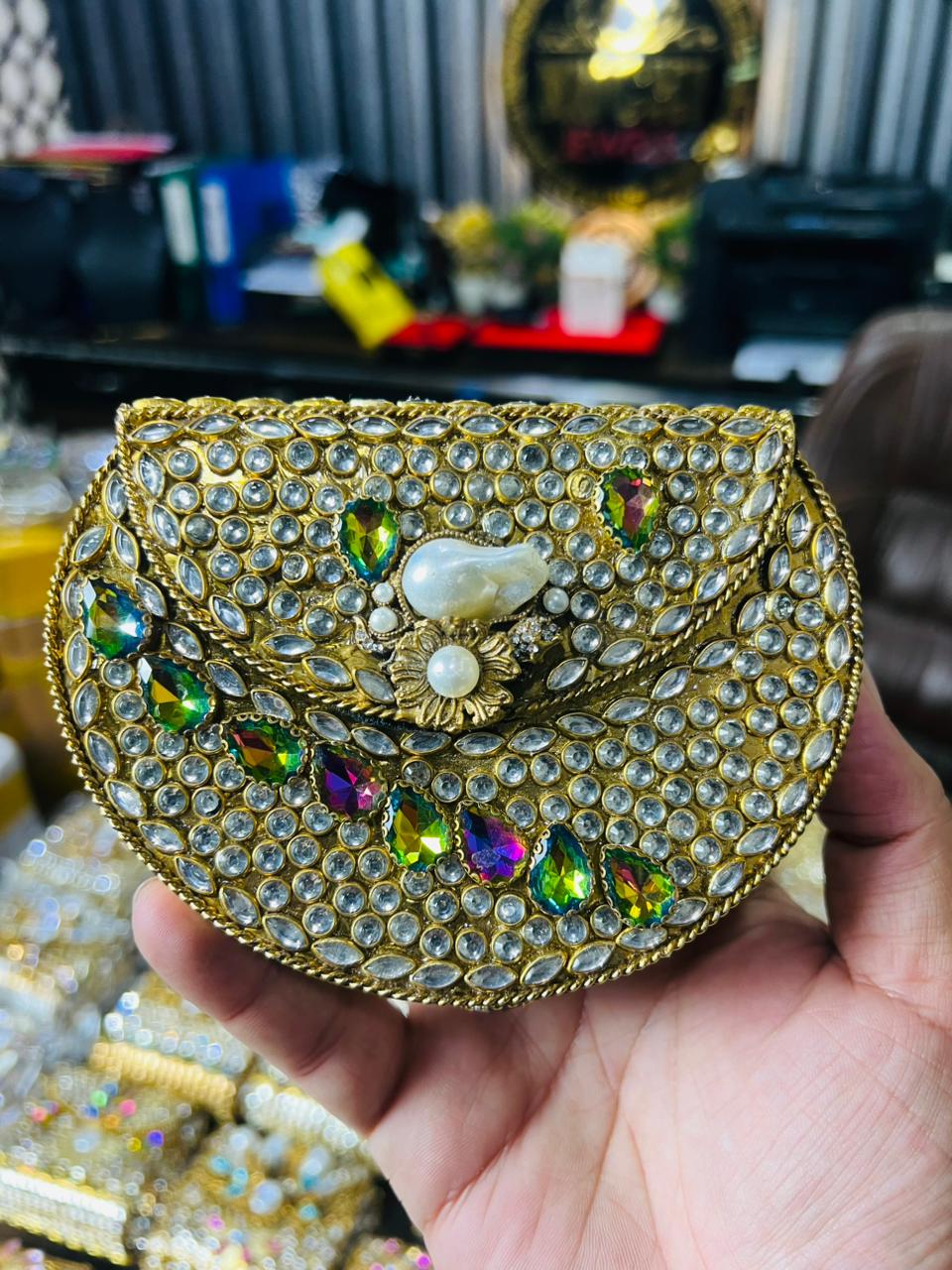 Indian Medium Size Kundan Work Metal Bag With Unique Stone-15