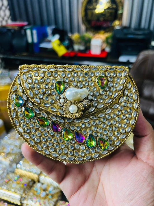 Indian Medium Size Kundan Work Metal Bag With Unique Stone-15