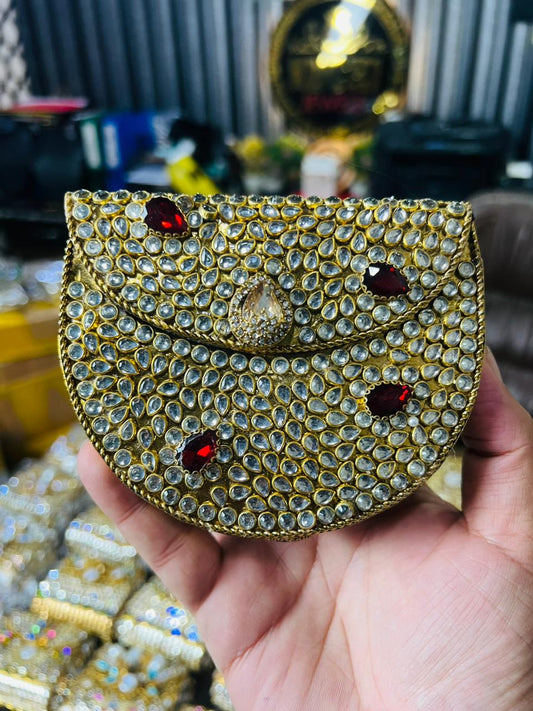 Indian Medium Size Kundan Work Metal Bag With Unique Stone-14