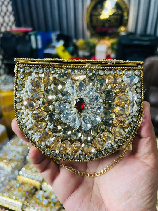 Indian Medium Size Kundan Work Metal Bag With Unique Stone-16