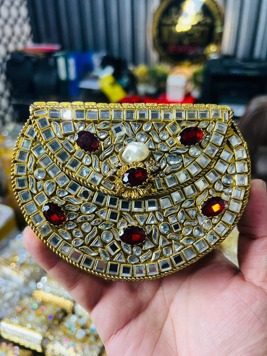 Indian Medium Size Kundan Work Metal Bag With Unique Stone-12