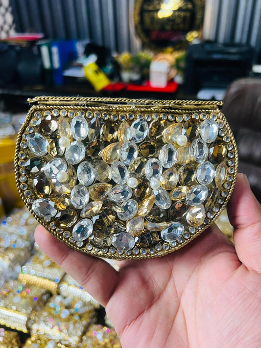 Indian Medium Size Kundan Work Metal Bag With Unique Stone-11