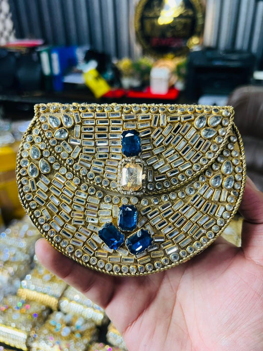 Indian Medium Size Kundan Work Metal Bag With Unique Stone-11