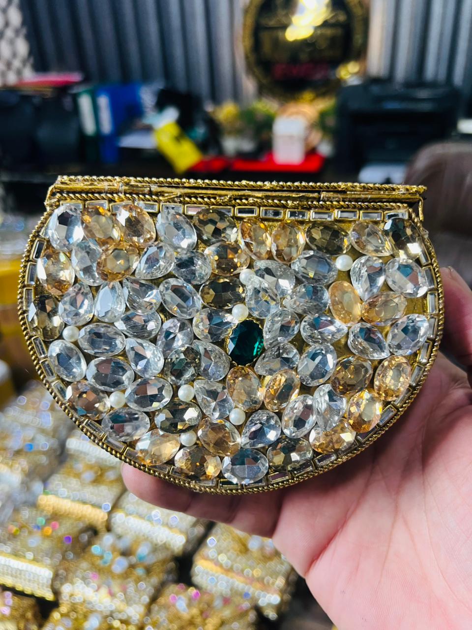 Indian Medium Size Kundan Work Metal Bag With Unique Stone-6