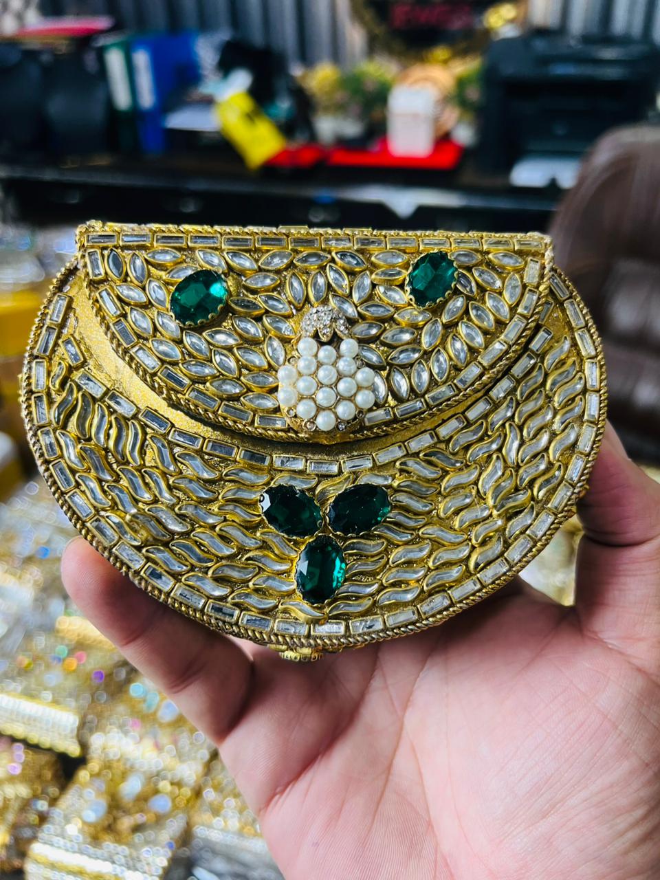 Indian Medium Size Kundan Work Metal Bag With Unique Stone-6