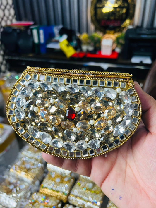 Indian Medium Size Kundan Work Metal Bag With Unique Stone-10