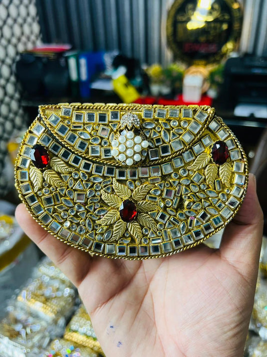 Indian Medium Size Kundan Work Metal Bag With Unique Stone-10