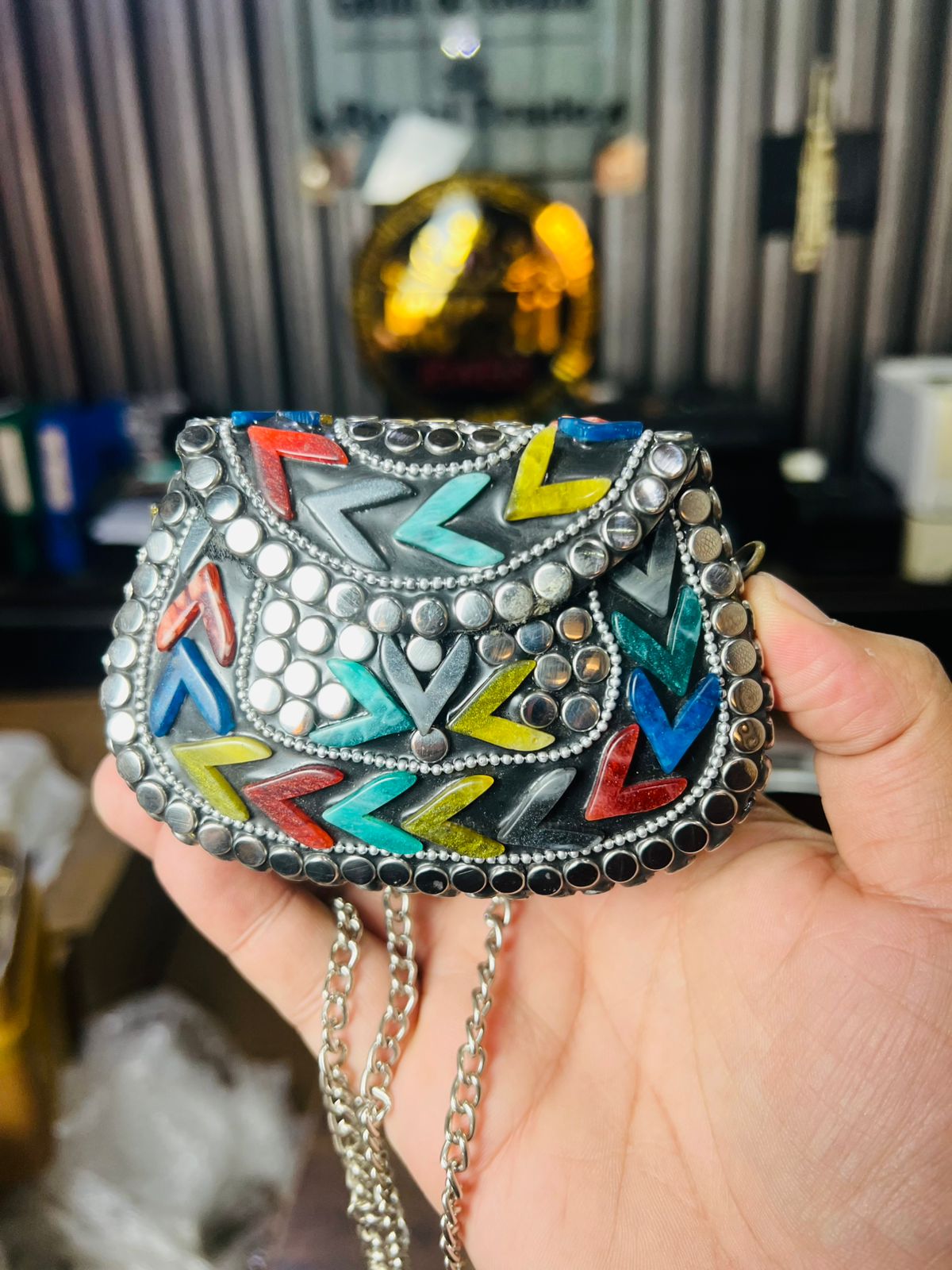 Mini Baby Silver Metal Stone Bag-Arrow Design