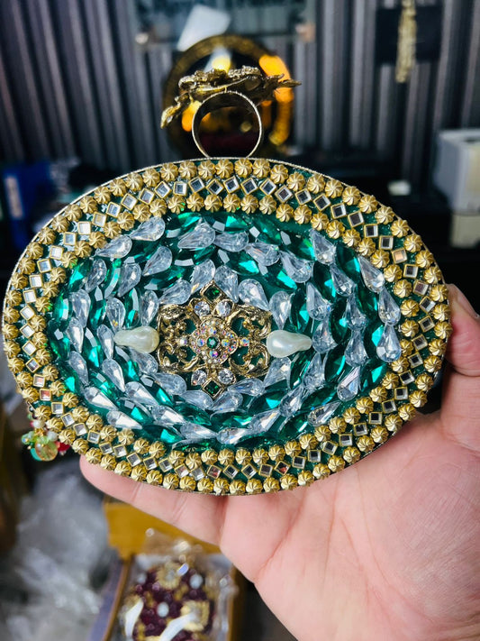 Large Size Turkish Designer Clutches-GREEN OVAL-9