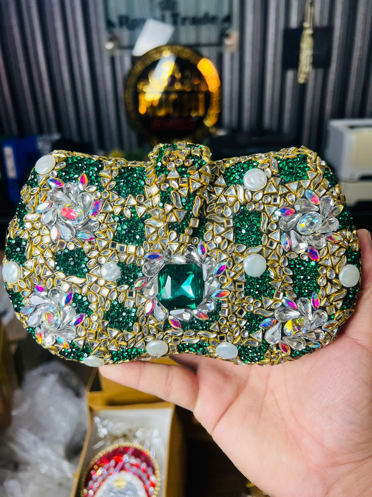 Large Size Designer Bridal Clutches-GOLDEN/GREEN-18