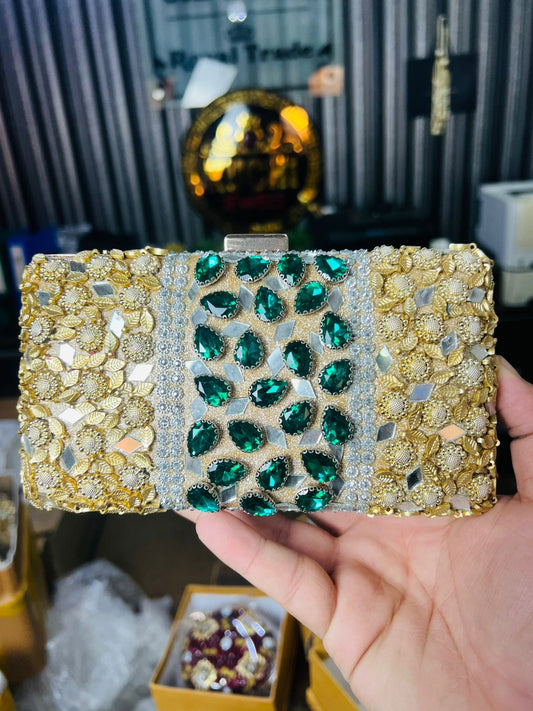 Large Size Designer Bridal Clutches-GOLDEN/GREEN-15